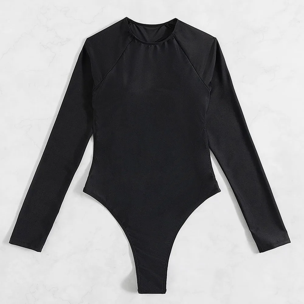 Sexy Long Sleeve Backless One Piece Swimsuit With Thong & Rhinestone Details Women's Tummy Control Bathing Suit Tankini Swimsuit