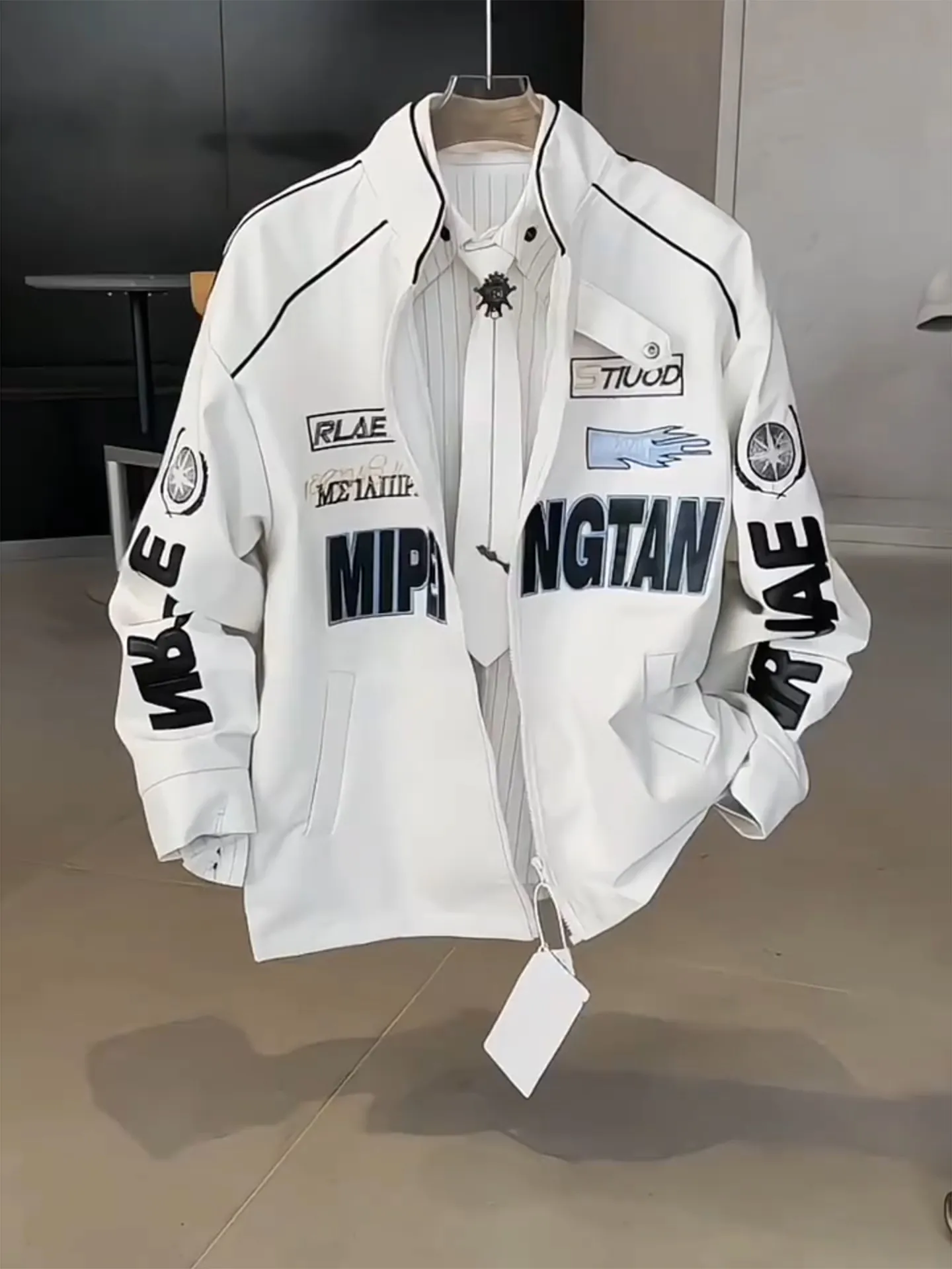 American Style PU Leather Racing Jacket Men's Spring Hip Hop Flight Jacket Design Sense Stand Collar Motorcycle Clothes