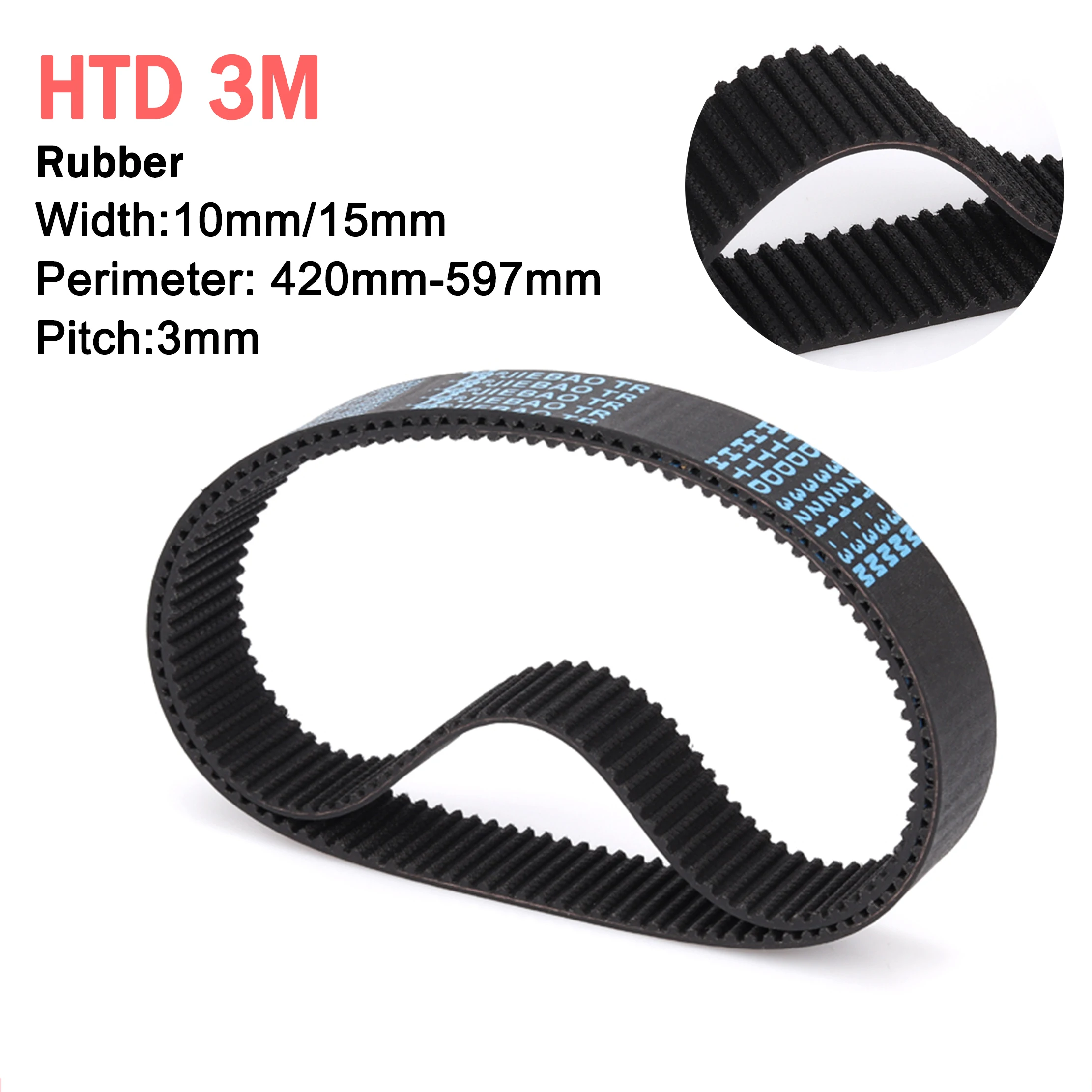 HTD 3M Closed Loop Black Rubber Synchronous Timing Belt Pitch 3mm Perimeter 420mm-597mm Width 10mm 15mm