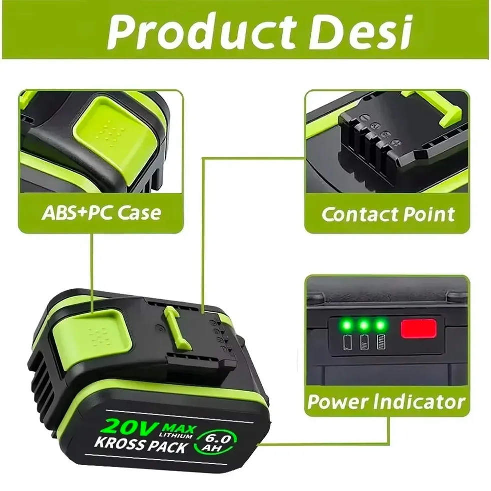 Universal 20v Li-ion Battery for WORX Cordless Power Tool Grass Trimmer WG170.2 Cordless Drill WX177 Electric Circular Saw WU533