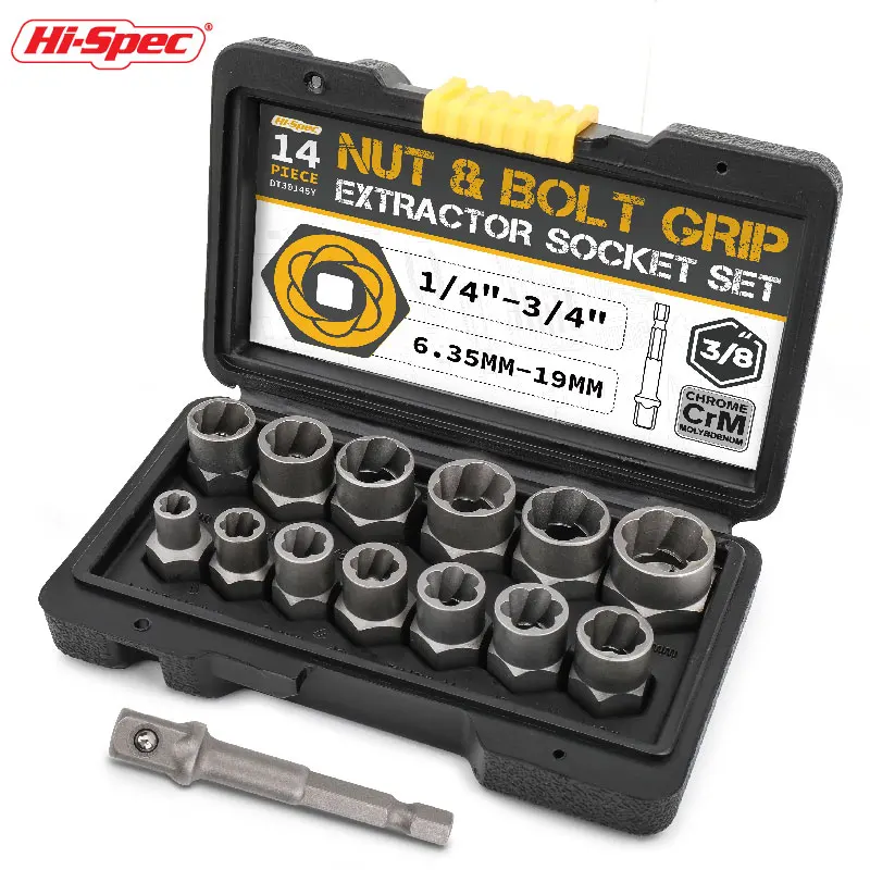 Hi-Spec 14pc Nut and Bolt Extractor Damaged Impact Socket Tool Set Remover Set Bolt Nut Removal Socket Tool 3/8 Inch