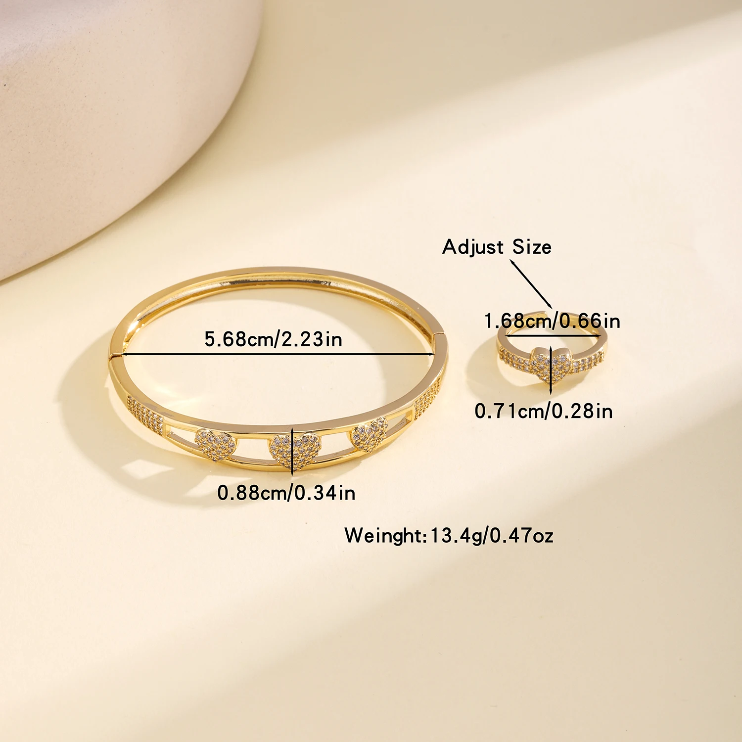 Nidin Luxury Heart Cubic Zirconia Bangle & Open Ring Set Hollow Inlaid Crystal Bracelet For Women Valentine Daily Wear Jewelry