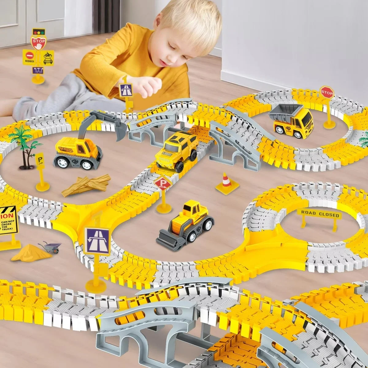 255 PCS Construction Race Tracks Boys Toys,Engineering Cars and Flexible Race Track Playset Create A Engineering Road ,Christmas