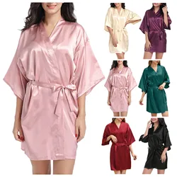 Women Silk Satin Short Night Robe Solid Kimono Robe Fashion Bath Robe Sexy Bathrobe Peignoir Femme Wedding Bride Bridesmaid Robe