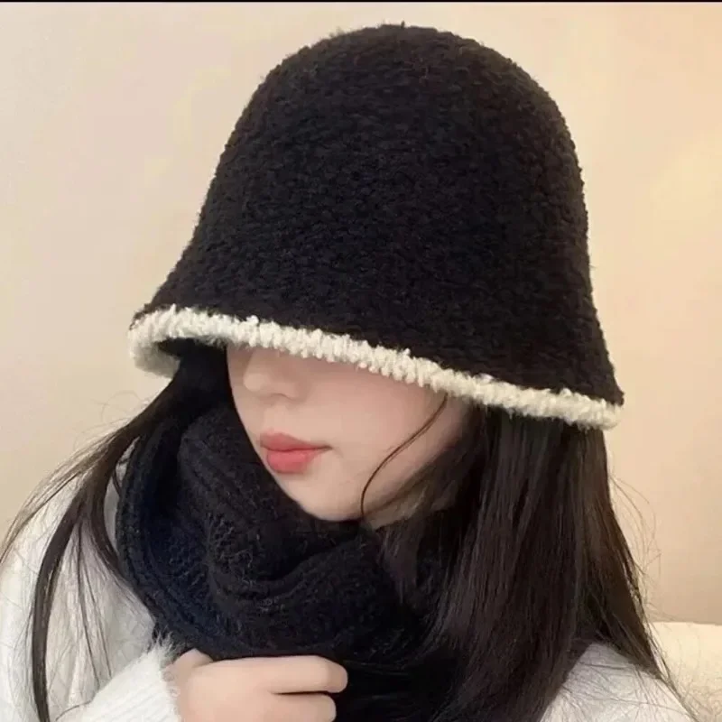 Lamb Fleece Wool Bonnet Cap Women Winter Warm Thick Knitted Hat Panama Fisherman Cap Bucket Hats for Women Шапки Женские Зимние