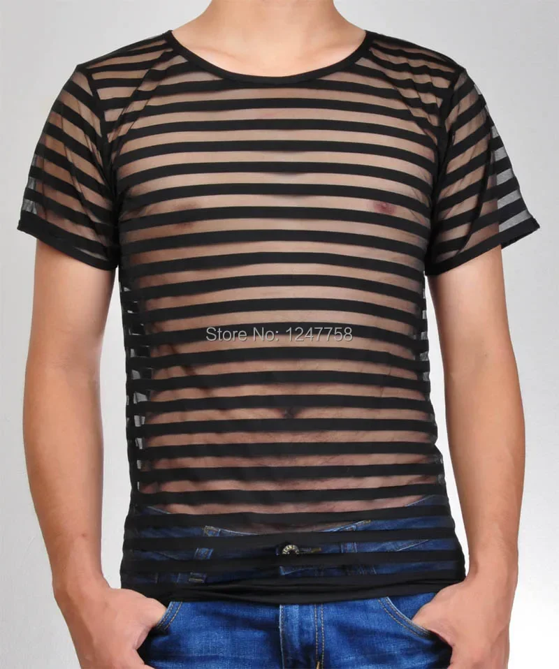 Sexy Male T-Shirt  Undershirts Men Mesh Stripe See Through  Underwear