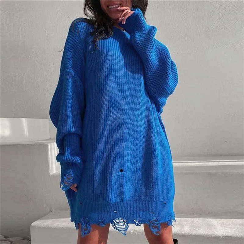 Distressed Knitted Pulleys Women's Autumn Winter Fashion Solid Color Round Neck Loose Sweater Ladies Streetwear Warm Sweaters