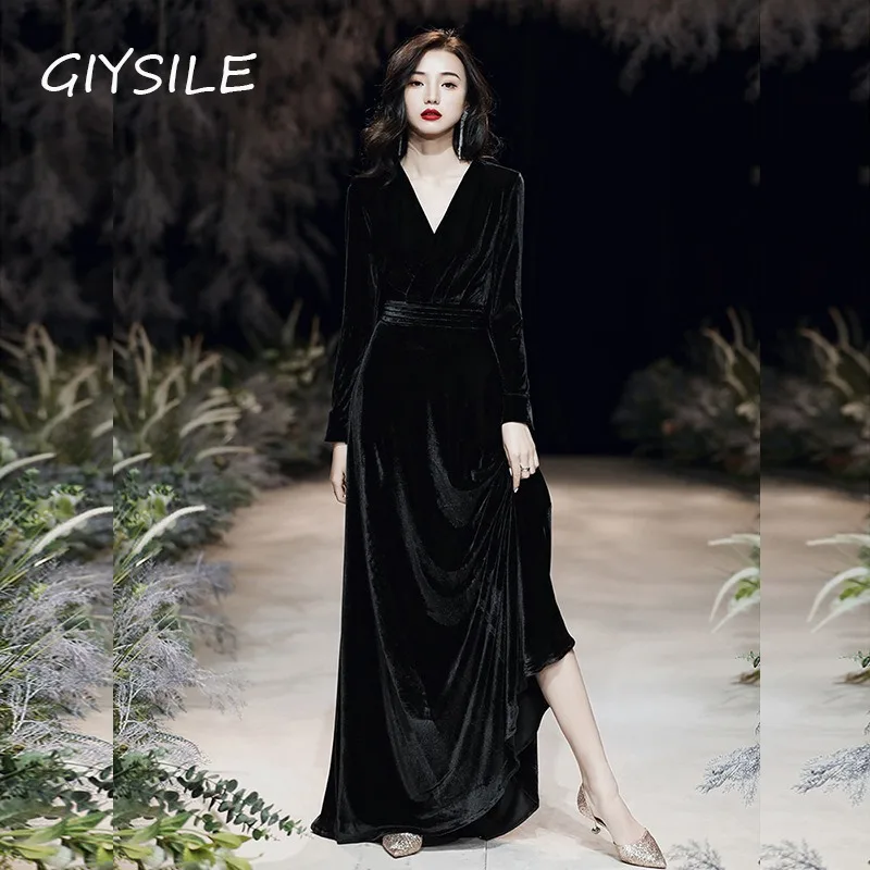 

Velvet Evening Dress 2025 New Spring Banquet Party Black Dress V-neck A-line Skirt Formal Dress Women Elegant Evening Dresses