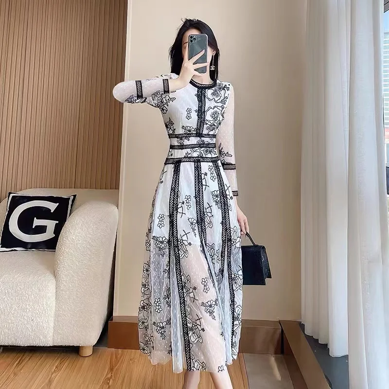 Elegant Autumn Black White Mesh Spliced Lace Embroidery Flower Dress 2024 Women O Neck Long Sleeve Hollow Out Party Long Clothes