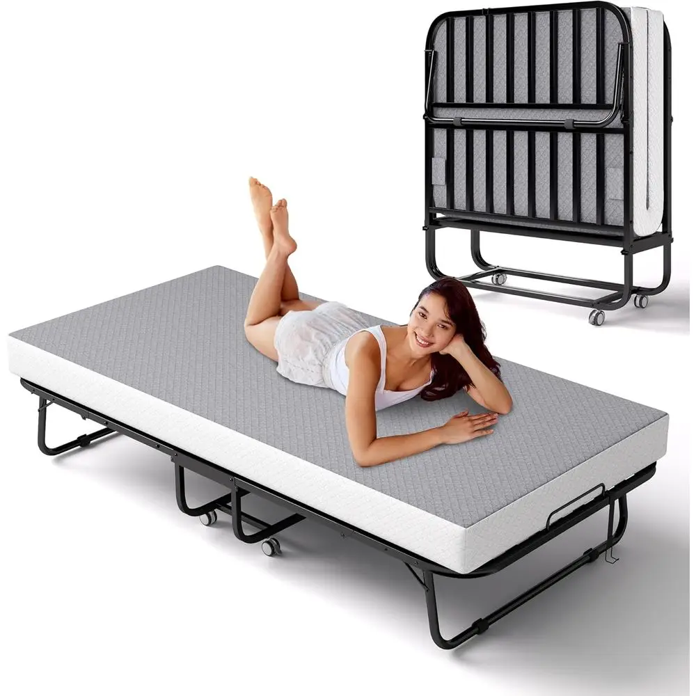 

Memory Foam Mattress Twin Size Rollaway Bed with Wheels, Easy Assembly Space-Saving Cot for Adults (Grey)
