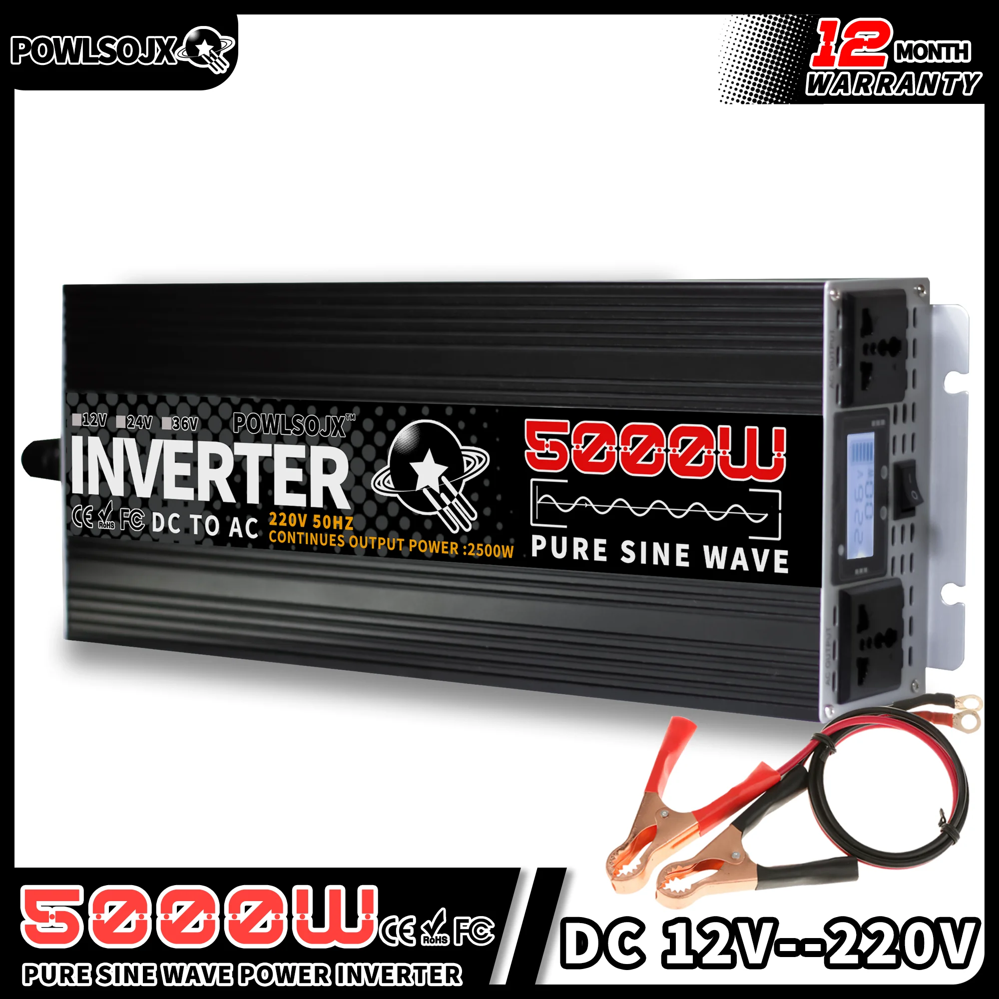 Powlsojx 5000W Power Inverter 12v 220v Pure Sine Wave Multi-function Power Converter Car Solar Inverter LCD Display