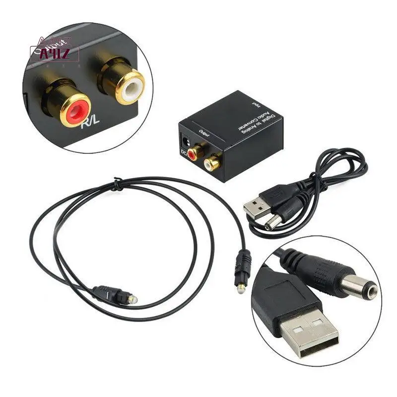A41Z-Digital Optical Toslink SPDIF Coax To Analog RCA Audio Converter Adapter With Fiber Cable