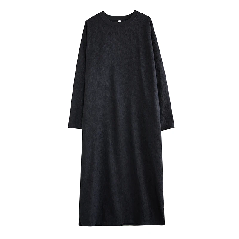 Casual Loose Long Sve Dr k Texture Lazy Sle Bla Color Basic Long Dr Polyester Cotton Blend H-ape Silhouette