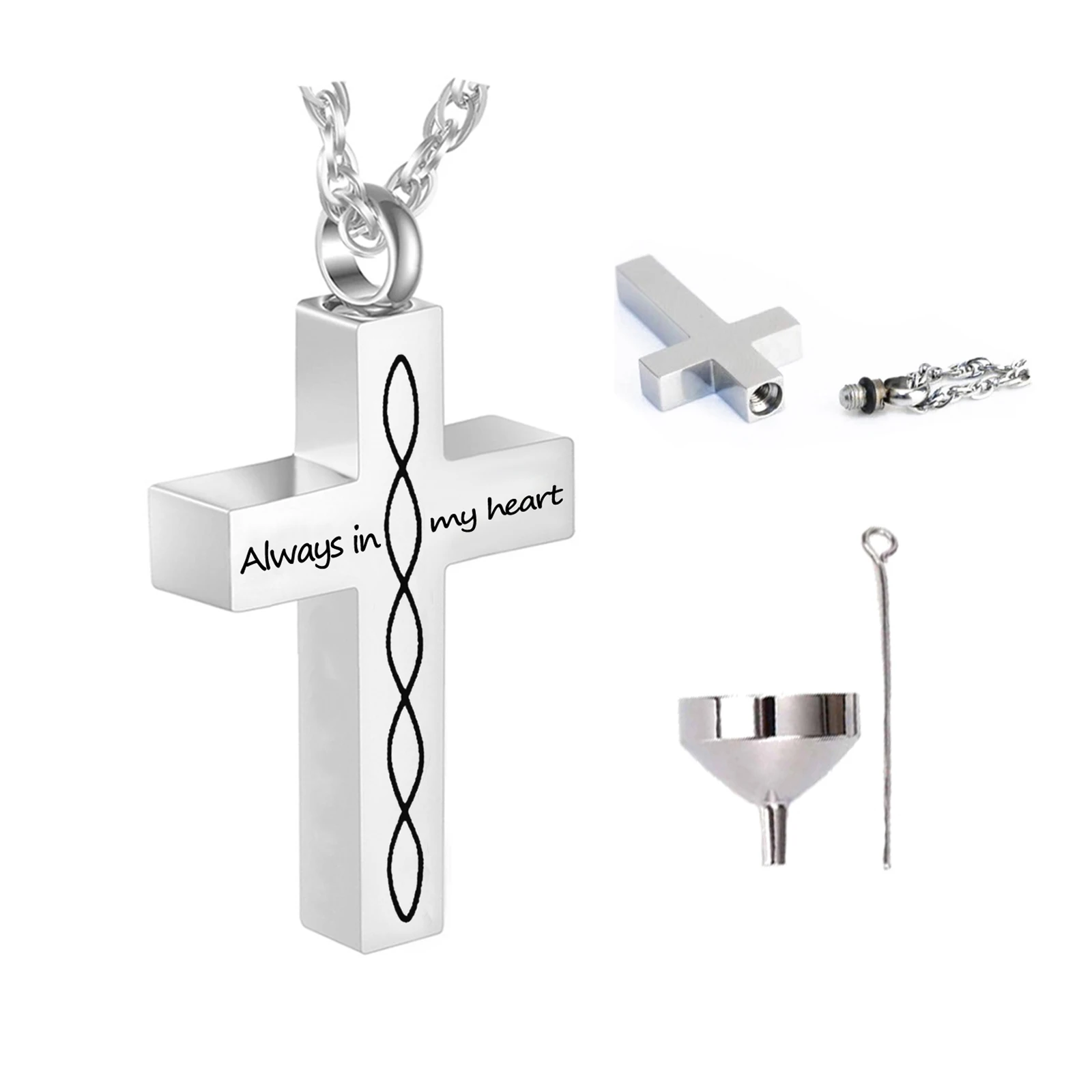 

Stainless steel cross cremation jewelry urn for ashes keepsake human urn necklace man/woman memorial necklace-Always in my heart