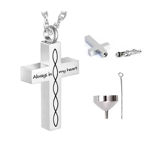 Stainless Steel Cross Cremation Jewelry Urn for Ashes Keepsake Human Urn Necklace Man/Woman Memorial Necklace - Always in My Hea