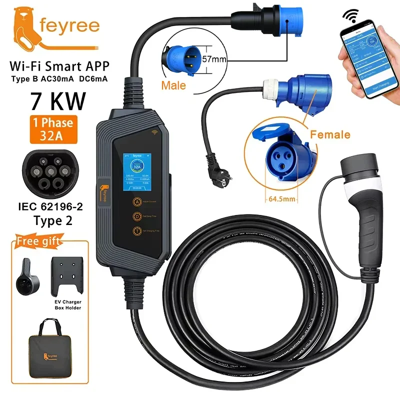 Feyree EV-oplader Type2 32A 7kW Snel opladen Smart APP Wi-Fi-bediening Draagbare oplaaddoos met houder voor elektrische autolader