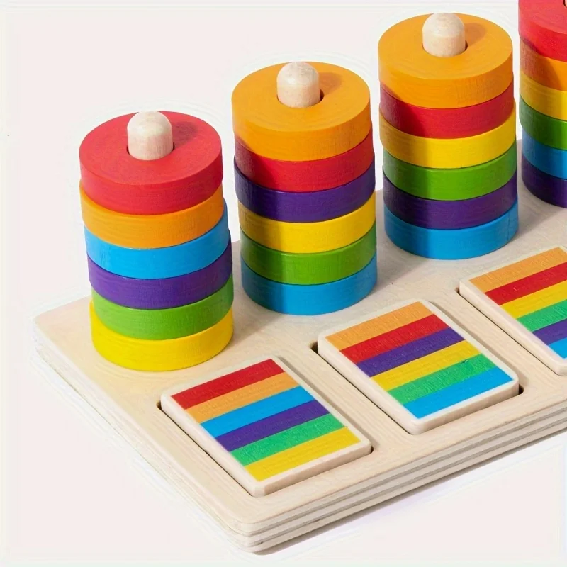 Montessori houten regenboogstapelset |   Kleursortering en geheugen bijpassende pegboard |   Voorschoolse vroege educatie STEM-speelgoed