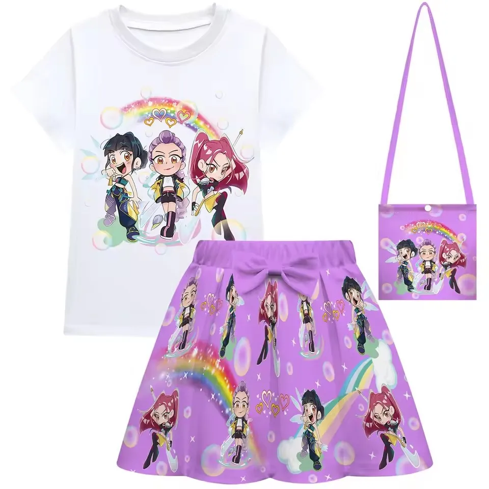 KPop شيطان الصيادين رومي المعبود تأثيري الاطفال زي مجموعة 3 قطعة ميرا تي شيرت فستان حفلة أنيمي الملابس للفتيات
