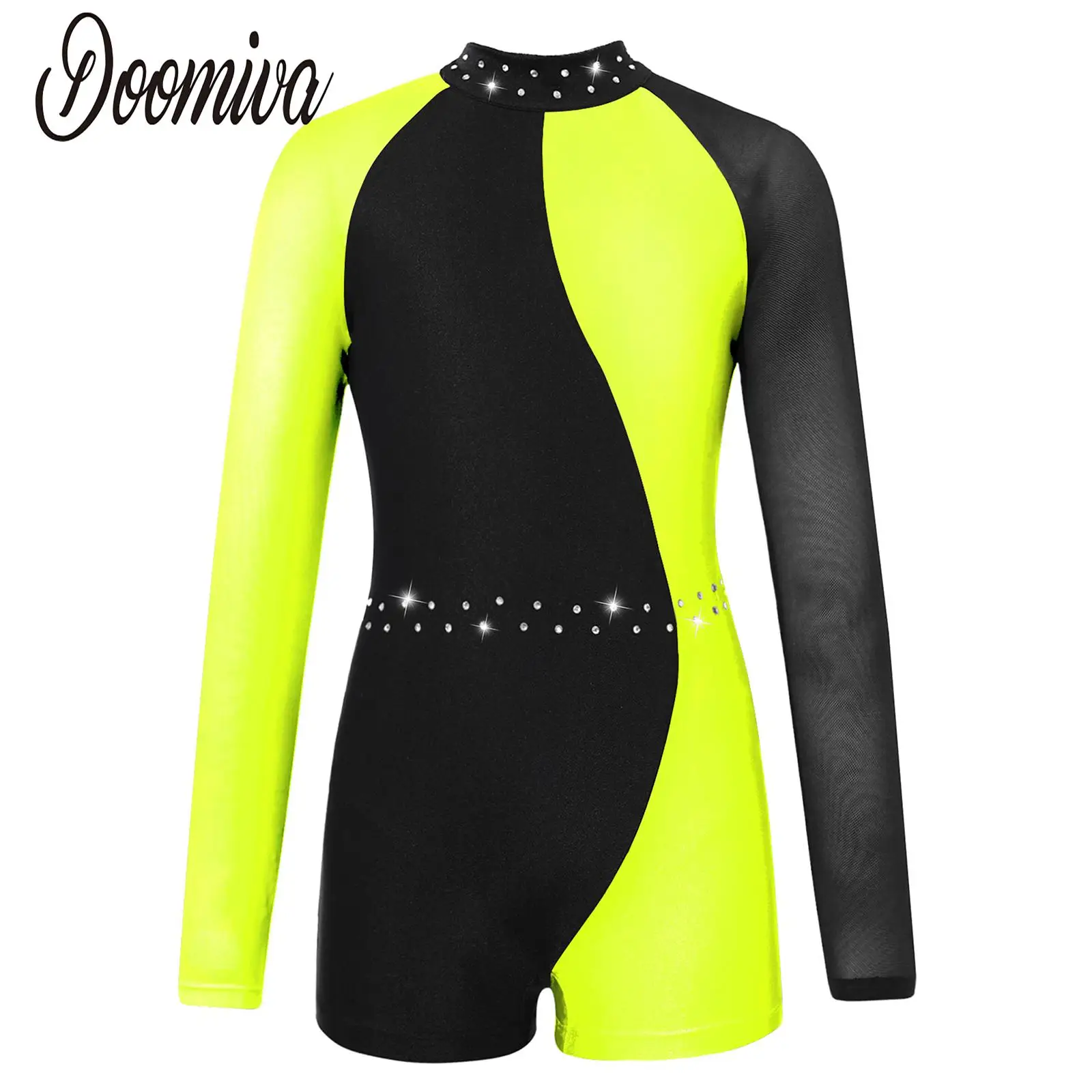 

Girls Rhinestones One-piece Dance Leotard Bodysuit Ballet Mesh Long Sleeve Gymnastics Leotards Mesh Patchwork Unitard Dancewear