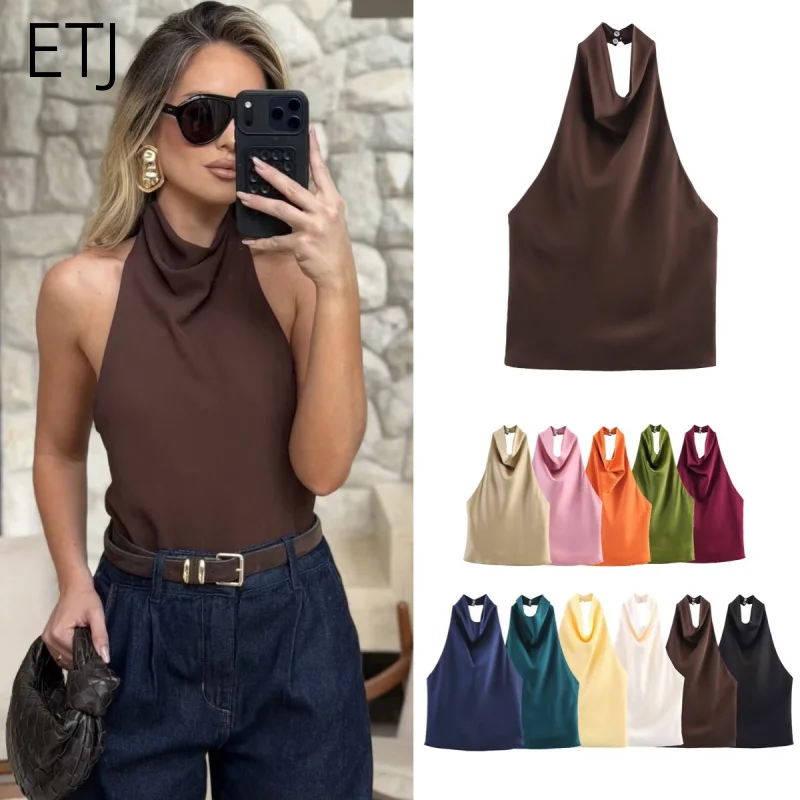 ETJ Women's 2026 Spring Cowl Neck Sleeveless Top Satin Backless Halter Blouse Elegant Party Night Out Wear Fashion Statement