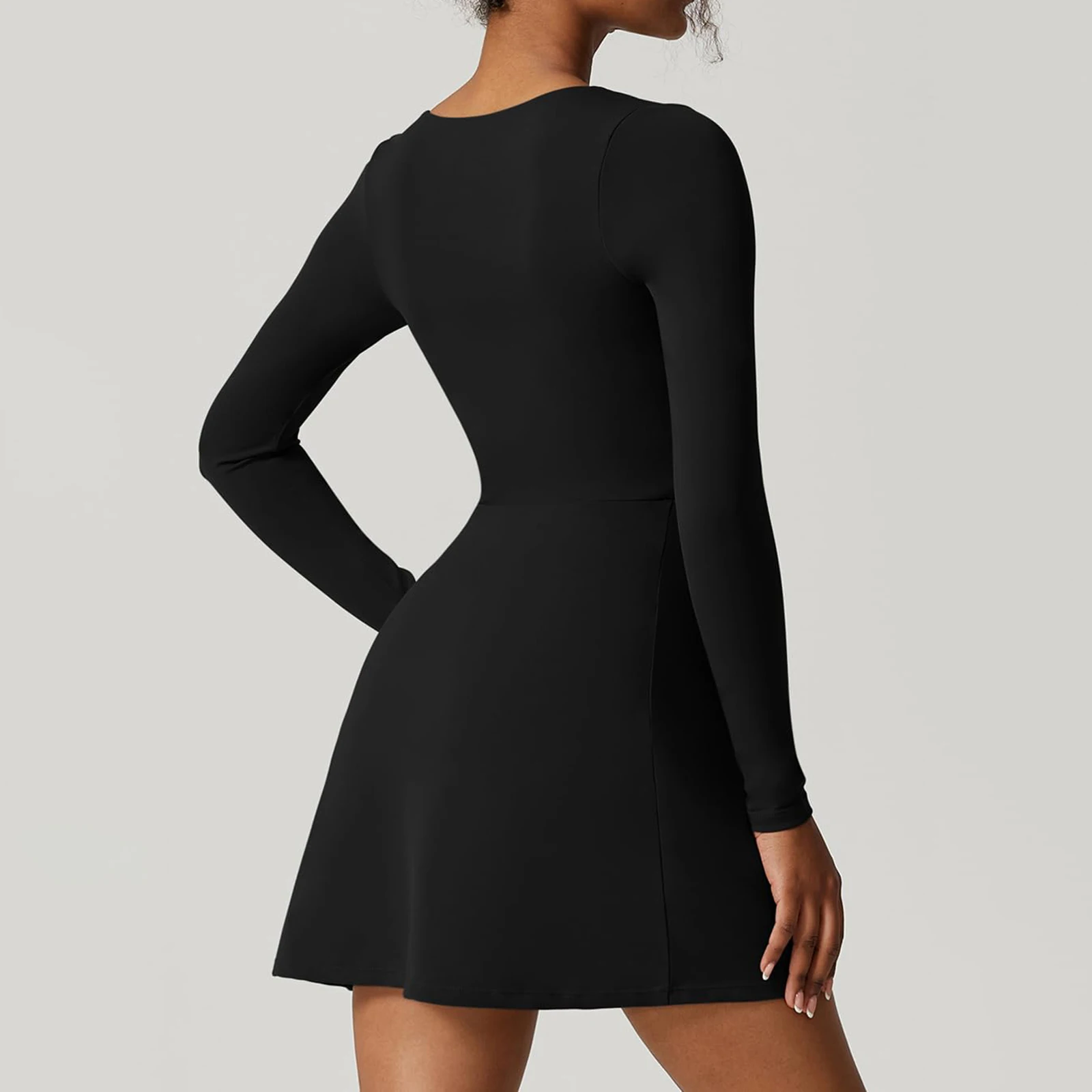 Damska mini sukienka Bodycon Flare Low Cut Solid Color Side Slit Dress Long Sleeve Square Neck Party Dress Black