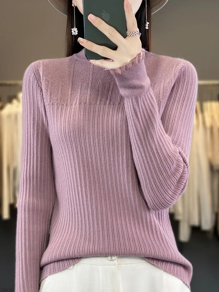 2024 Wool Spring and Autumn New Half High Collar Bottom Pullover Knitted Long sleeved Slim Fit Women's Knit