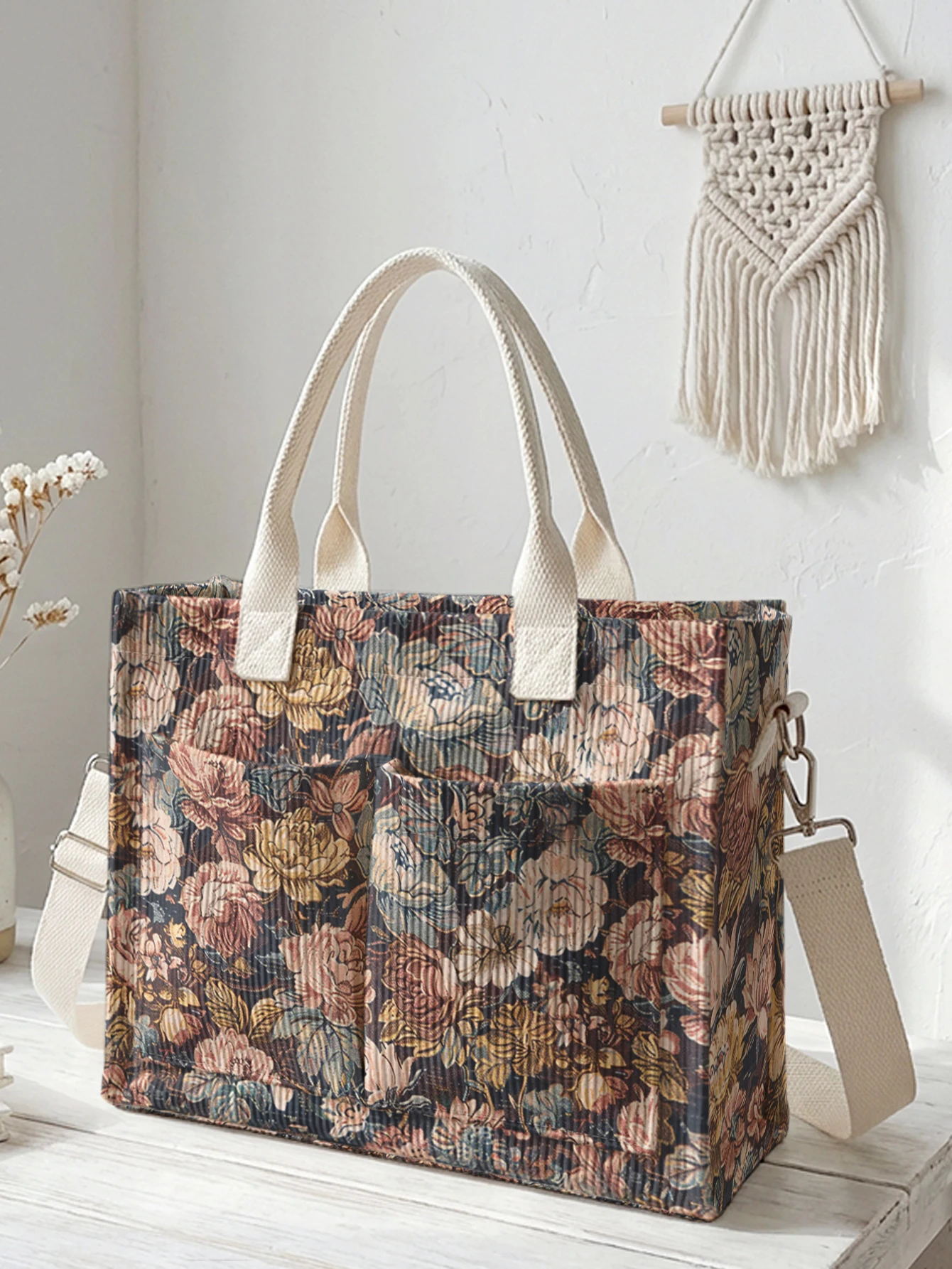 Vintage Floral Print Corduroy Tote Bag Large Capacity Multi Pocket Retro Flower Lover Commuter Shoulder Bag