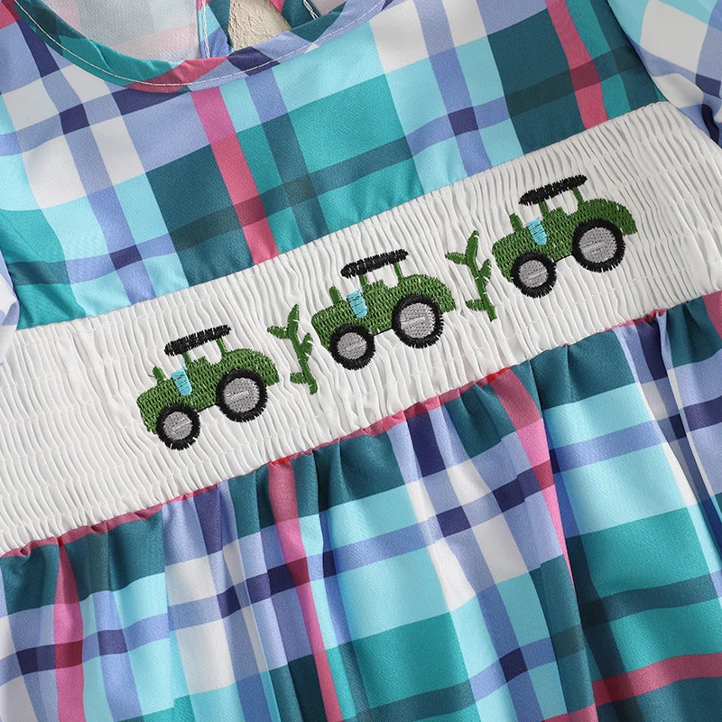 Newborn Baby Boys Girls Romper Crew Neck Short Sleeve Tractor Embroidery Plaid Bodysuit Infant Playsuit 0-18 Months