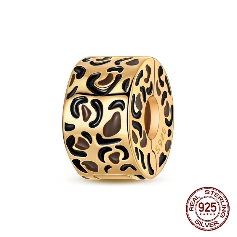 

925 Sterling Silver Gold Leopard-Print Safety Clip Beads Security Clasp Fit Original Charm Bracelet Women DIY Jewelry Gift