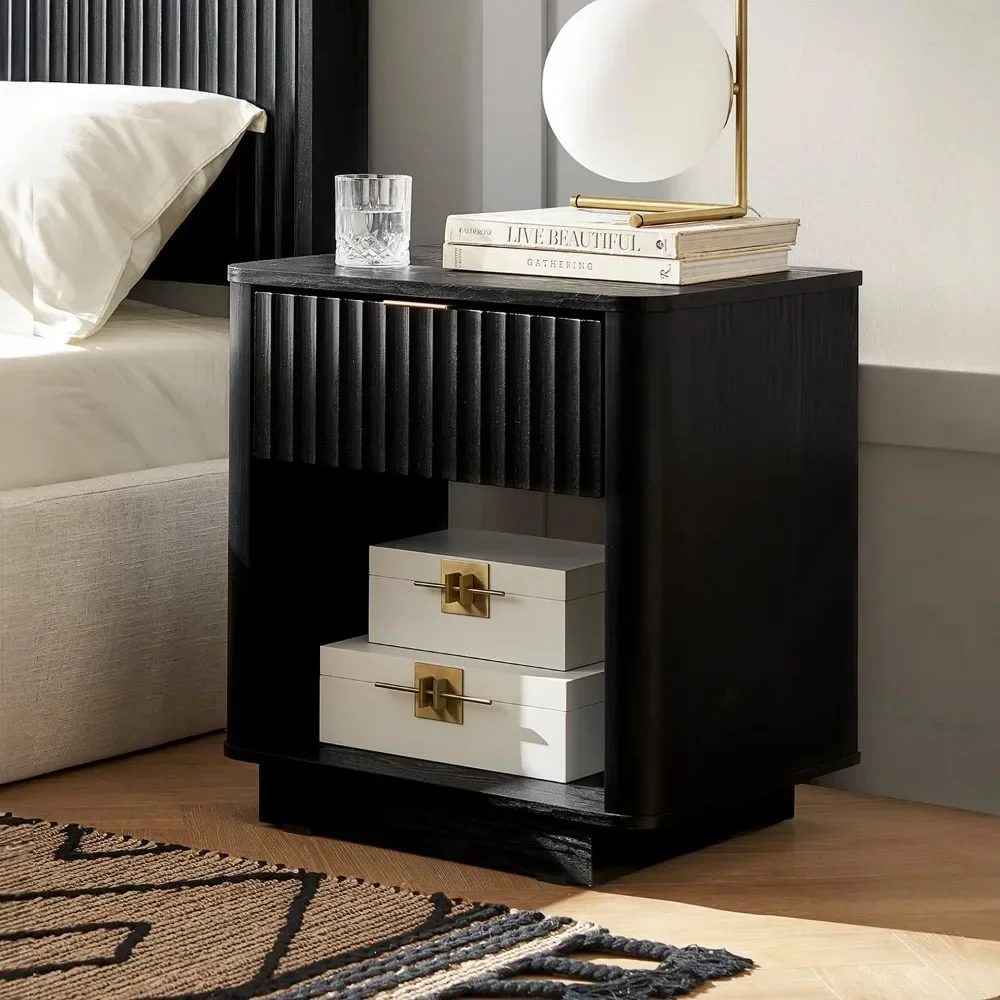 Curved Profile (Black Oak Bedside Cabinet End Table With Storage Bedside Tables for Bedroom Furniture Home Brooklyn Night Stand