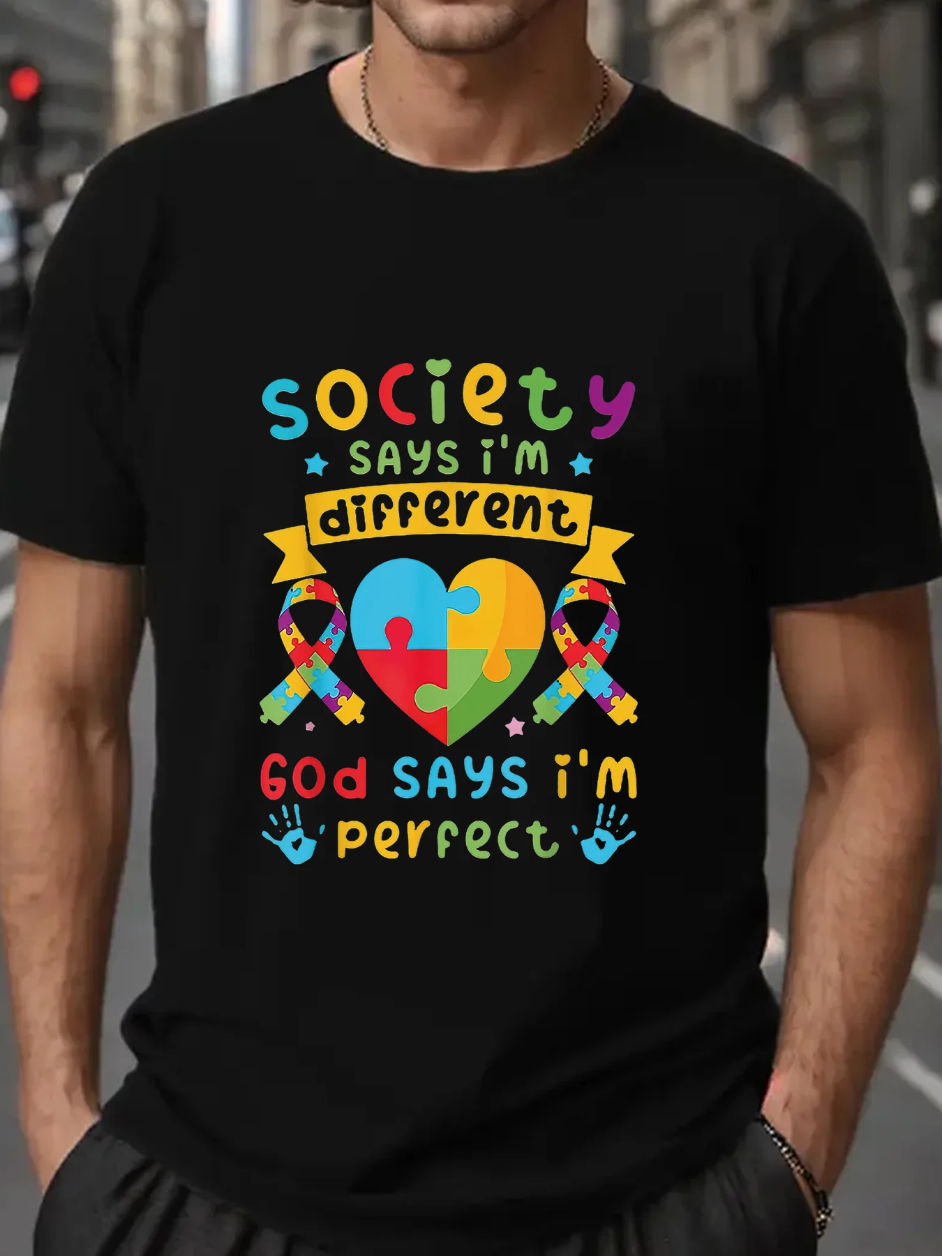 Society says I’m different God says I’m perfect Autism shirt Men\'s T-shirt   Cotton Print Tee Tops Fashion Clothing