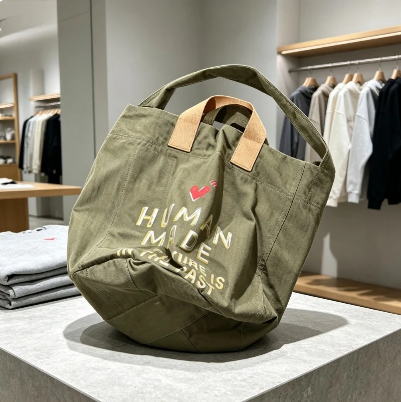 HUMAN MADE Canvas Tote Heart Logo Large Capacity Shoulder Bag Vintage Style