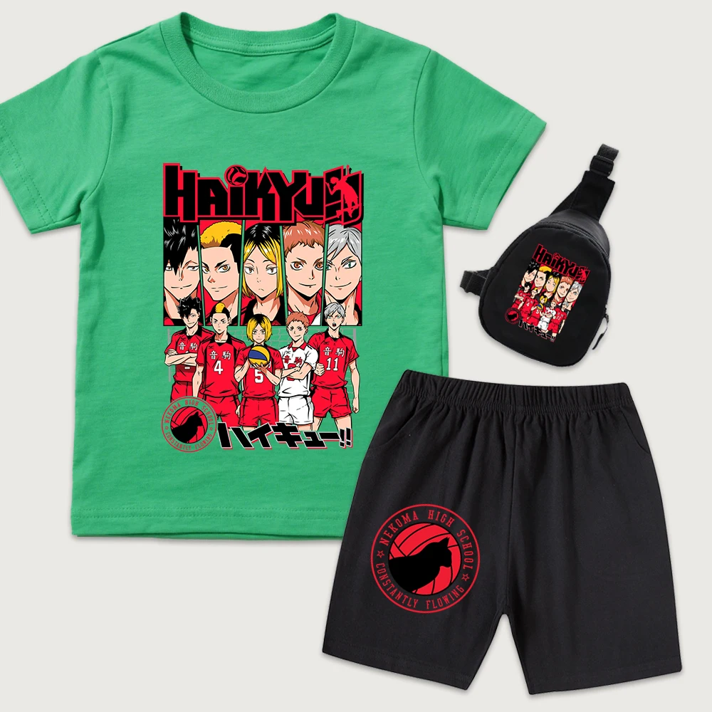 Anime Haikyuu Nekoma Printed Kids T Shirt and Shorts Set with Mini Chest Bag Teen Outdoor Sportswear for Boys Girls
