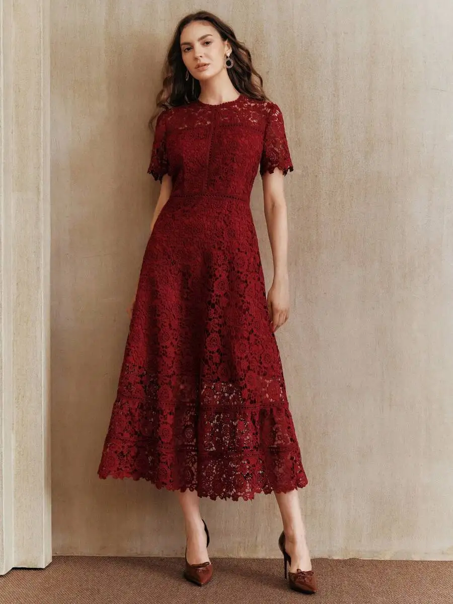 

Burgundy Floral Lace Midi Dress With Short Sleeves, Round Neck, And Scalloped Layered Hem Detail