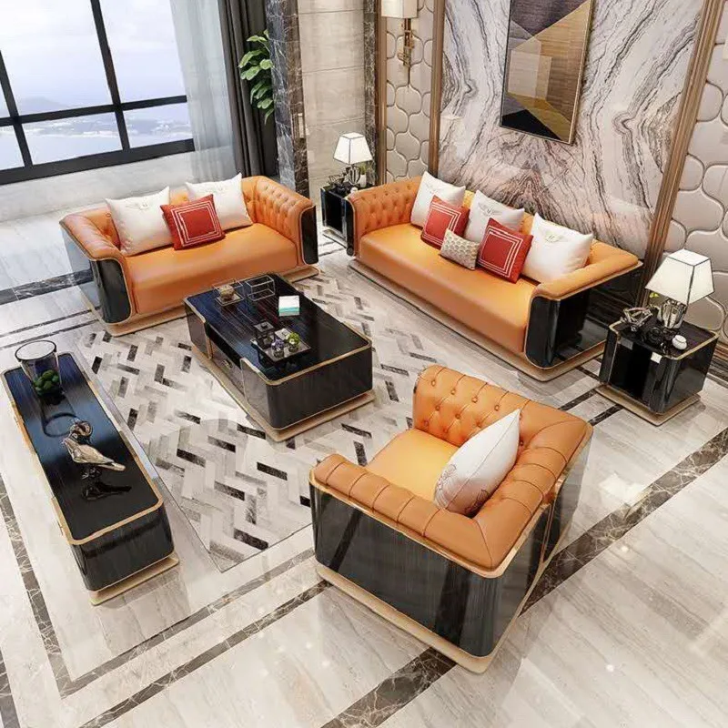 

Sofa combination first layer leather sofa luxury villa high-end living room full set of furniture