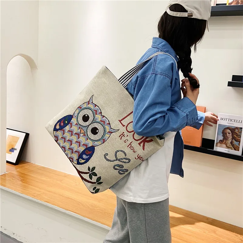 Canvas Bags For Women Shoulder Bag Retro Casual Tote Handbags Ethnic Style Embroidery Large Capacity Hand Bags