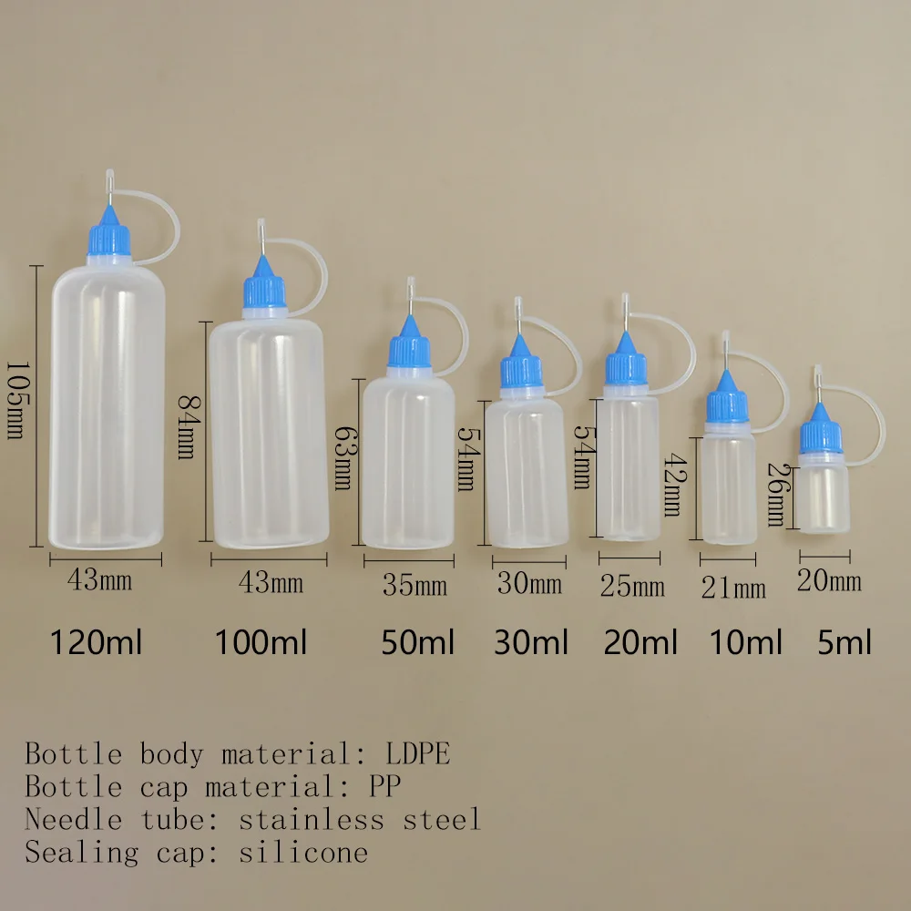 Lot de 5 flacons compte-gouttes rechargeables en PE avec embout applicateur compressible et bouchons à pointe aiguille, pour huiles, 5/10/20/30/50/100/120 ml