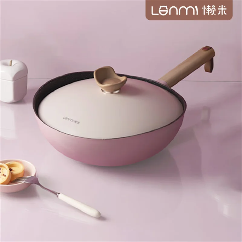 

LANMI Углубивающая сковорода-вок 30/32 см с антипригарным покрытием и крышкой, сковорода с защитой от перелива, кухонная сковорода для стейка с низким дымом для всех плит