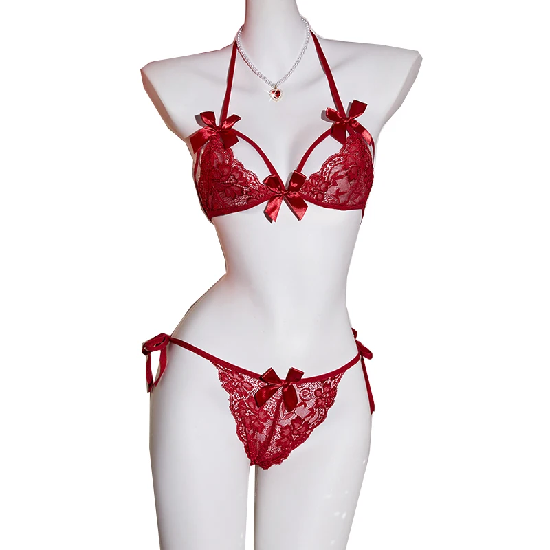 

Сексуальное женское белье с красным кружевным бантом, женское ультратонкое изысканное прозрачное нижнее белье с цветочным принтом, комплект с бюстгальтером, сексуальное нижнее белье на бретелях, эротические костюмы