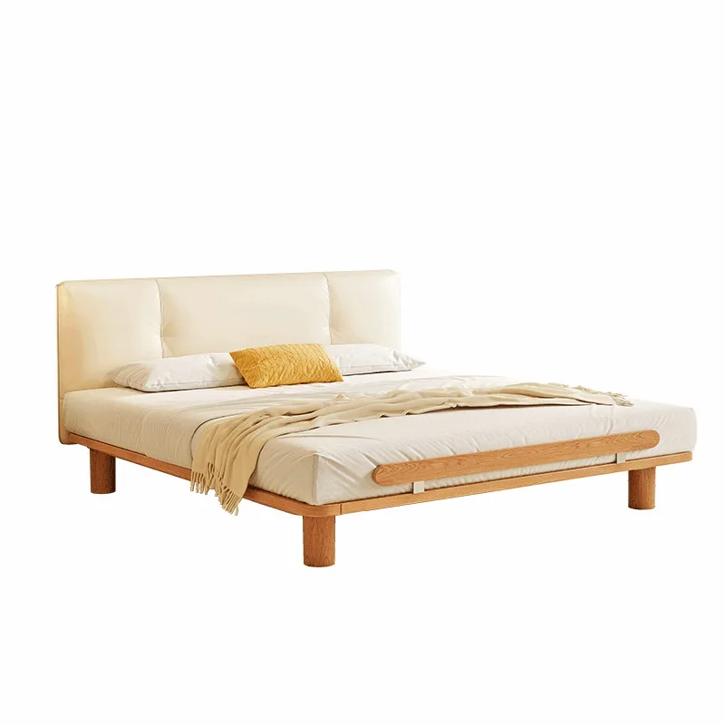 

French cream leather solid wood bed small apartment log wind master bedroom double flush edge soft bag beech bed