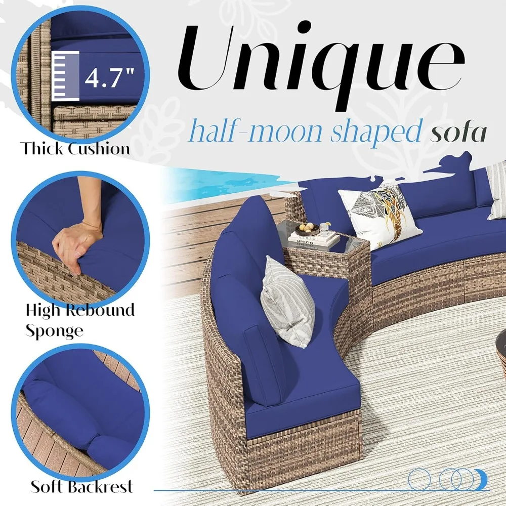 Patio Furniture Sets, 11 Piece Half-Moon Sectional Round Sofa Set, Cushions & Wedge Table for Beach, Pool, Balcony, Blue