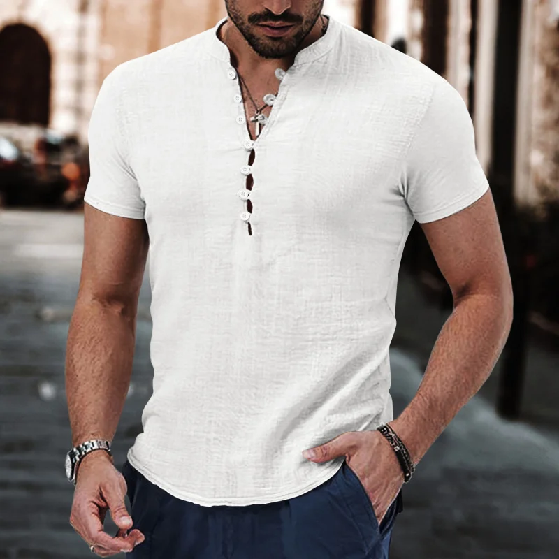 

New Versatile Men's Vintage Cotton Linen Casual Henley Collar Short Sleeve Shirt