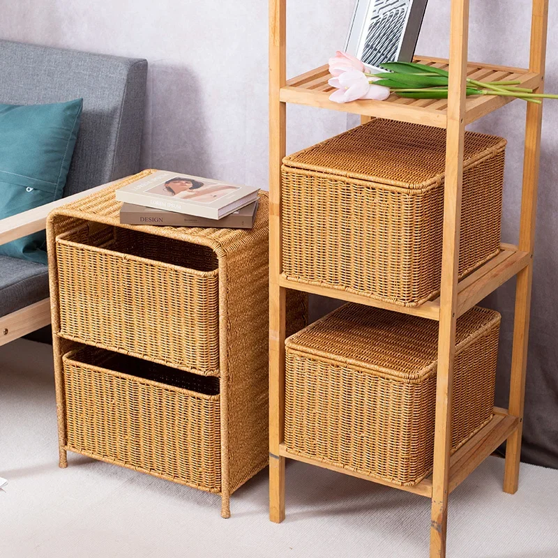 Vintage Rattan Woven Storage Chest of Drawers Side Table for Living Room Bedroom Household - Wicker Storage Rack for Home Use