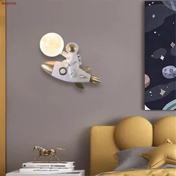 Children Rocket Astronauts Resin Pla Ball Led Wall Lamp Boys Bedroom Bedside Sleeping Night Light Study Aisle Corridor Sconces