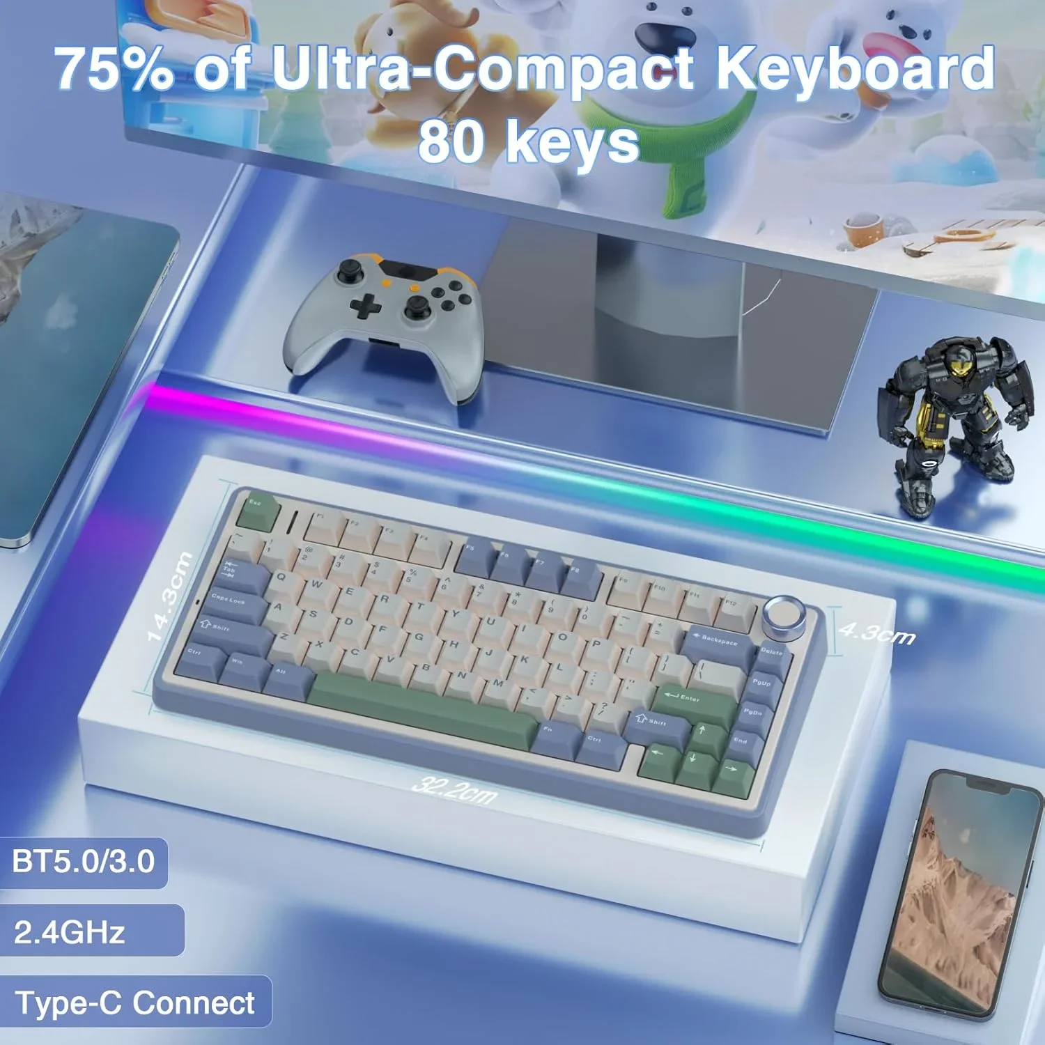 AULA F75 75% Wireless Mechanical Keyboard Hot Swappable Creamy Keyboard Pre-lubed Reaper Switches RGB Backlit Gaming Keyboards