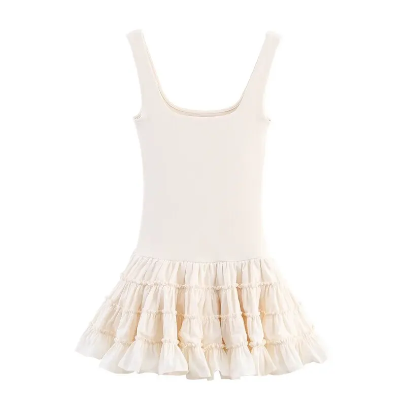 Vestido F de Outono Nova Coleção Versátil com Detalhes em Camadas e Decote Quad Sem Alças em Material de Aodão e...