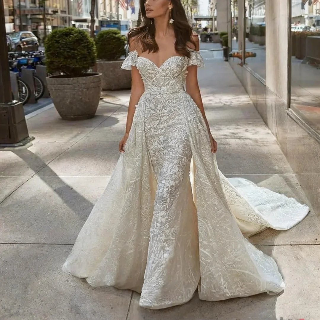 

Customized Elegant Luxury Cape Lace Mermaid Wedding Dress Shoulders Sheath Floral Bridal Gown Formal Bride Porm Party Gowns