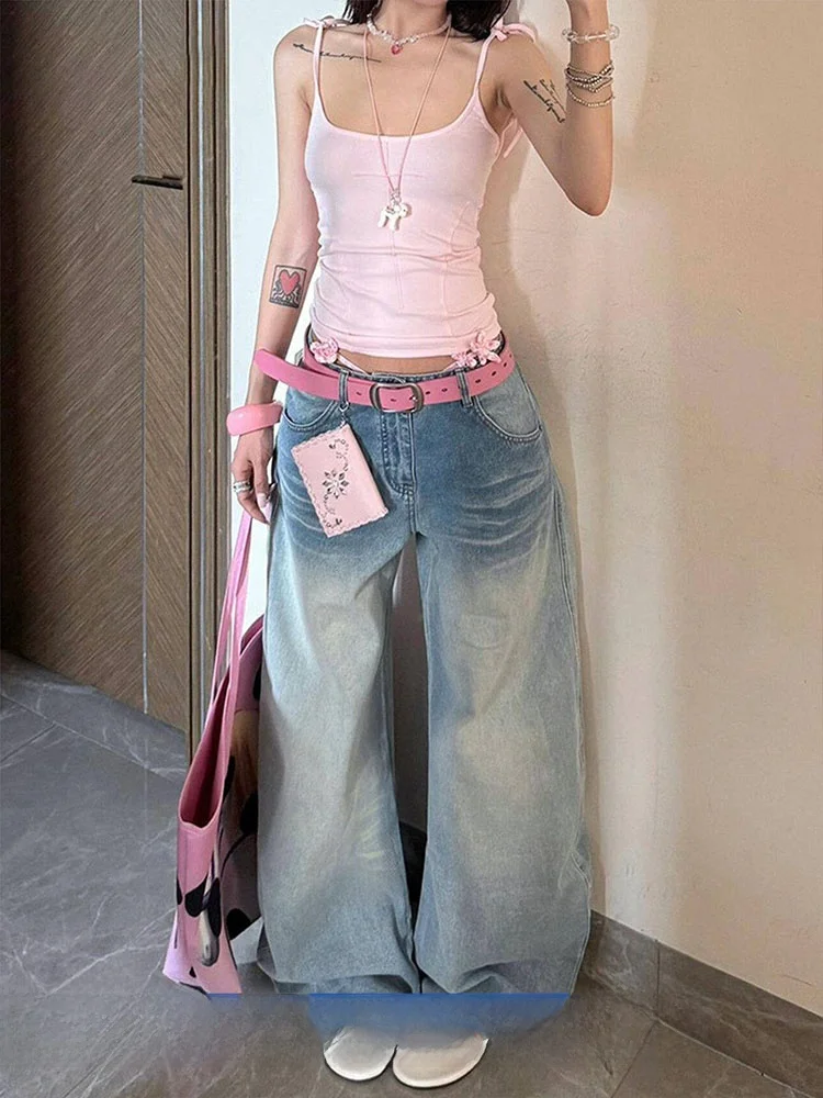 

American Wash High Waist Wide Leg Jeans Women's Loose Slimming Draping Floor-Length Knife Casual Cotton Blend Denim