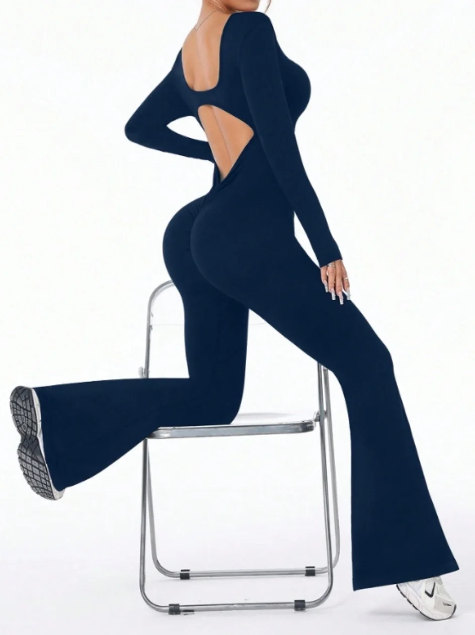 High quality solid color long sleeved compression exercise jumpsuit women's sportswear bell bottom pants sexy push up yoga set image 4