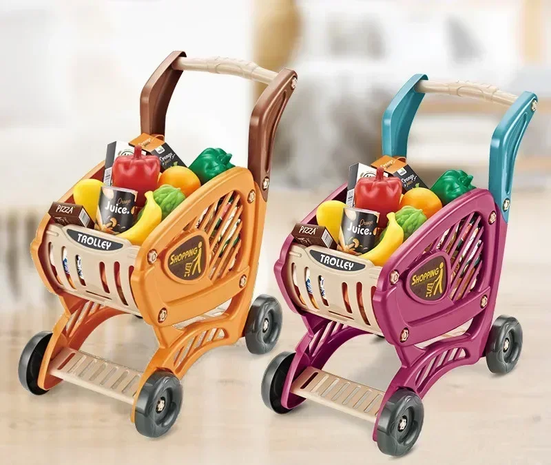 42pcs/set Children's Sound and Light Simulation Supermarket Cashier Vegetable and Fruit Shopping Cart Set Handcart Playhouse Toy